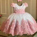 MQTIME Customized Flower Girl Dresses Tulle Lace Appliques Flowers Short Sleeve For Wedding Birthday Party Banquet Holy Communion Gowns