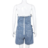 MQTIME  - Women Fashion Hole Tassel Denim Playsuits Rompers V-neck Strapless Zipper Backless Pockets Casual Streetwear Jeans Overalls