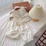 MQTIME  -  Summer Baby Girl Outfits 2024 Tulip Full Printed Kid Girl Vest+cool Pant Suits Cool Muslin Rainbow Slip Top Solid Flare Pant Set