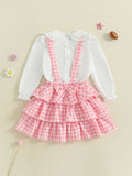 MQTIME  -  Adorable Baby Girl Autumn Ensemble with Peter Pan Collar Embroidered Rugby Design and Plaid Ruffle Overall Dress - 2 Piece Set