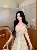 MQTIME  -  Summer Floral Printed Long Dress Women Patchwork Lace Chiffon Fairy Dress Casual Gold Stamping Bow Tie Suspender Dress