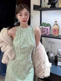 MQTIME  -  South Korea Dresses Summer Fresh Mint Green Dress Floral Texture Sleeveless Halter Short Skirt Woman Fashion Vestidos