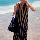 MQTIME  -  Women Casual Sleeveless High Waist Beach Dress Fashion Striped Printed Seaside Party Dress Elegant Hollow Loose Suspender Dress