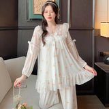 MQTIME  -  Sweet Cherry Printing Chicly Lace Female Pajamas Set Autumn New Fashion Lace-up Loose Simple Casual Pajamas for Women