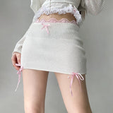 MQTIME  -  Knitted White Short Skirts Cute Sexy Low Waist Bow Trim Women Mini SKirt Back Slit Lace Up E-girl Fairycore 2000s Grunge Kawaii