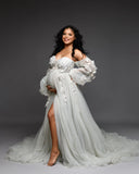 MQTIME  -  Elegant Lace Appliques Maternity Wedding Dress Off-Shoulder Organza Mesh Prom Party Gowns High Slit  Photography Dresses
