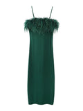 Mqtime Elegant Evening Party Dresses For Women Occasion Wear Feather Trim Off Shoulder Dress Back Slit Hem Sexy Green Midi Dress