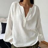 MQTIME  -  Autumn Long Sleeve Cotton Shirts V Neck Solid Color Boho Blouses Femme Loose Fit White Shirts Top Oversized Blusas