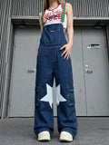  MQTIME  -  Retro Casual Star Denim Overalls Straight Jeans Jumpsuits Trousers High Waist Loose Wide-leg Rompers Jumpsuits for Women