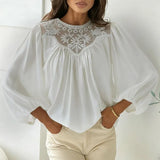 MQTIME  -  New  Spring Elegant O Neck Draped Shirt Fashion Embroidered Lace Hollow Out Blouse WomenSummer Lantern Sleeve Office Ladies Tops