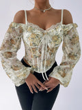 MQTIME  -  Floral Print Lace Trim Cold Shoulder Corset Top with Long Sleeves - Stylish Clubwear for Women s Street Style Fashion