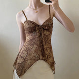  MQTIME  -  Printed Mesh Irregular Suspender Pleated Strap V-neck Short Top Vest