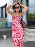  MQTIME  -  Dress Women Printed Spaghetti Strap Maxi Dresses Women Drawstring Neck Slim Fit Bodycon Casual Summer Beach Party Streetwears