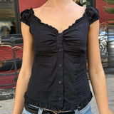 MQTIME  -  Women T-shirt Preppy Button Down Blouse Tops Y2k Vintage Cap Sleeve 00s Aesthetic Fairy Frill V Neck Crop Tops Milkmaid Vest