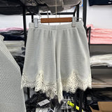 MQTIME  -  Lace Trim Women Short Suit Round Neck Sheer Layers Knitted Top Solid Elastic Waist Shorts Beach Vacation Daily Suits For Ladies