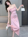 MQTIME  -  Pink Satin Luxury Dance Party Dress for Women 2024 Korean Elegant Diamonds Sling Sexy Dress Summer Fashion Bodycon Evening Dress