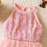 MQTIME  -  Girl's New Elegant Evening Dress Sequined Mesh Princess Birthday Party Dress Summer Children's Gauze Sleeveless For Girl Clothes