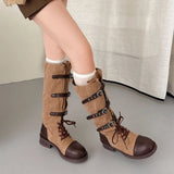 MQTIME  -  Vintage Multi‑Buckle Straps Combat Boots Women Shoes Military Knee‑High Boots Washed Canvas Motorcycle Boots