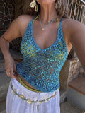 MQTIME  -  Women Sequin Halter Top Sexy Sleeveless Deep V Neck Glitter Tank Top Sparkle Backless Crop Top Summer Streetwear 2025