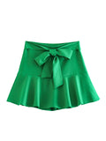 Mqtime Fashion Skirts For Women High Waist Front Tie Bow A Line Mini Skirt Summer Womens Clothing Ruffle Hem Solid Casual Skort