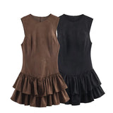  MQTIME  -  Chic Elegant Ruffles Short Dress Woman New Fashion Sueqe Sleeveless Mini Dresses For Women Slim Party Dresses ﻿