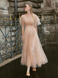 MQTIME  -  Romantic Tulle Lace Midi Prom Dress for Wedding Guest Fashion Soft Mesh Cocktail Party Gowns Dreamlike Evening Formal Dresses