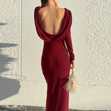 MQTIME  -  Sexy Backless Solid Slim Banquet Dress Lady Elegant Long Sleeve Split Evening Dress Autumn New Pleated O-neck Party Maxi Dresses