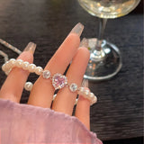 Mqtime Fashion Zircon Pink Heart Pearl Elastic Bracele For Women Girs Delicate Zircon Starlight Bangles Party Jewelry Gifts