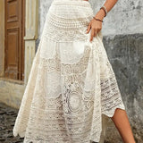 MQTIME  -  Women Boho Crochet Skirts High Waist Hollow Out Beach Skirts A-line Knitted Beach Vestidos Floral Maxi Skirt Mujer