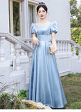 MQTIME  -  Luxury Blue Satin Princess Dress Women Elegant Square Collar Satin Pearlized Long Evening Dresses Quinceanera Stage Prom Gown