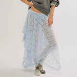 MQTIME  -  Women Lace Ruffle Courtship Half Slip Elastic Waist Asymmetrical Hemline Midi Skirts Semi Sheer Layered Maxi Skirts