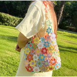  MQTIME  -  Colorful Flower Crochet Tote Bag, Handmade Knitted Shoulder Bag, Lightweight Summer Beach Travel Handbag For Women Vacation
