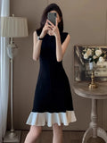 MQTIME  -  Spring New Women's Dress Black White Color Blocking Sleeveless Knit Dress Casual Round Neck Slim Fit A-line Skirt