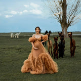 Mqtime New Design Tan Gold Tulle Maternity Dresses for Pregnant Woman Puff Sleeves Ruffled Mesh Maternity Photography Dress Photoshoot