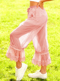 MQTIME  -  Women Ruffle Long Bloomers Y2K Sheer Ruffle Lace Patchwork Drawstring Pettipants Cropped Flare Slips Pants Streetwear