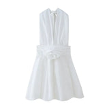 MQTIME  - Women White Party Mini Dress 2024 Summer New Fashion Pearl Three-dimensional Flower Neck Halter Dress Lady Sexy Dress Elegant