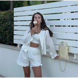 MQTIME  -  Casual  Ruffles Shirt Shorts Sets Women 2 Pieces 2025 Summer Single Breasted V-neck Loose Shirts Wide Leg Shorts Suits Solid