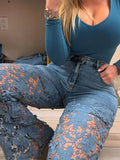 MQTIME  -  Plus Size Women's Stretch Denim Jeans With Cut-Out Lace Splicing Summer New High Waist Wide Pants Elegant Female Chic Trousers