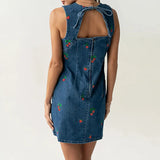 MQTIME  -  Spring O Neck Slim Straight Dress Vintage Strawberry Print Denim Dresses Women Summer Sleeveless Backless Tie-up Mini Dress