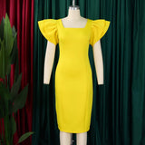 MQTIME  -  Summer New Elegant Bodycon Dresses Women Square Neck Ruffles Sleeve Sheath Package Hips Business Work Dresses
