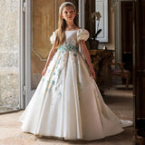 MQTIME  -  Luxury White Girl Dress 3D Flowers Satin Princess Dubai Kids Wedding Birthday Communion Party Elegant Gown 2024 J295