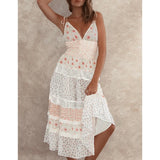 MQTIME  -  Women's Boho Floral Smocked Maxi Dress Y2k Patchwork Lace Layered Long Beachwear Dresses Casual Flowy Summer Sundress