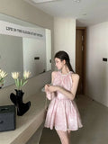 MQTIME  -  Pink Tie Dye Dresses Heavy Industry Diamond Encrusted Neck Dress Women Summer Sleeveless Temperament Short Vestido
