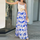 MQTIME  -  Spring Summer Suspender Long Dresses Fashion Contrast Print Bohemian Vacation Dress Sexy U Neck Swing Evening Dress Vestido