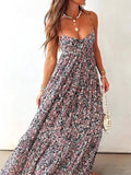 MQTIME  -  Elegant Off Shoulder Hollow Suspenders Dress Women Fashion Floral Print Big Swing Party Dress Sexy Sleeveless Pleated Long Dress