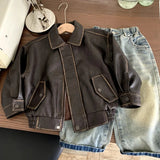 MQTIME  -  Boys Leather Jacket Autumn Spring Korean Style New Arrival Trendy Fashion Cool Brown Solid Color Jackets Coats