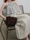  MQTIME  -  Summer Short Korean All Match Striped Print Slash Neck Spaghetti Strap Camis