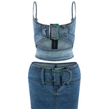 MQTIME  - Women Fashion Buckle Denim Two Piece Set Sexy Spaghetti Straps Hollow Out Camisole Crop Tops Bodycon Mini Skirts Jeans Suits