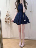 MQTIME  -  French Elegant Princess Navy Blue Halter Neck Sequined Floral Lace Dress Women Ruched Waist Slim Fit Mini Dress Elegant Party