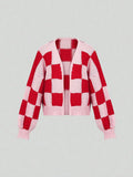 MQTIME  -  New Holiday Versatile Red Pink Plaid Sweater Cardigan Fashion Elegant Buttonless Long Sleeve Coats Loose Simple Wool Knit Women